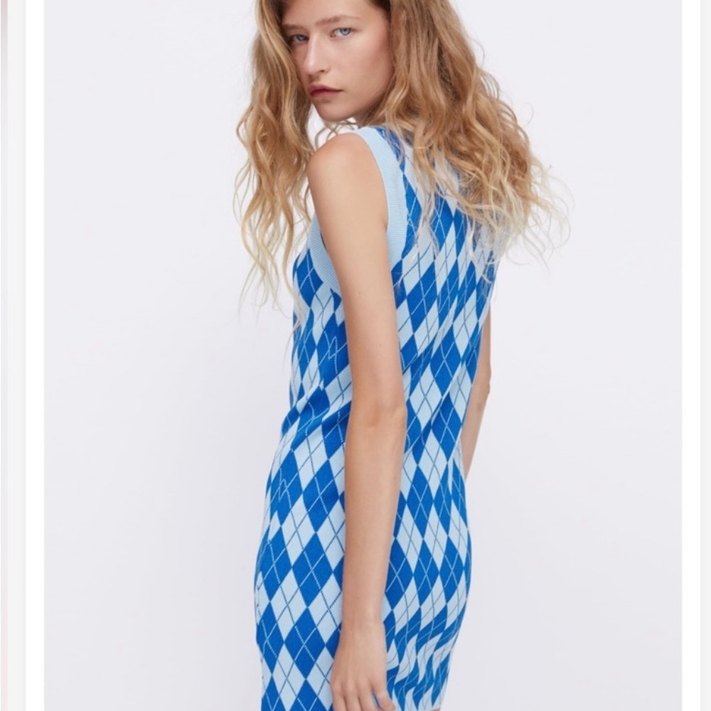 Zara Diamond Pattern Knit Dress Blue Argyle